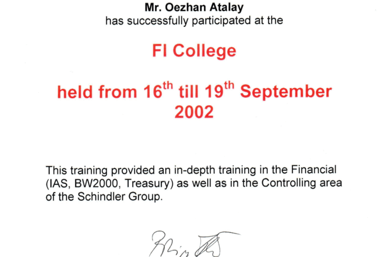 FI Colleague Schindler Sertifikası