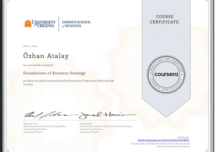 Certificate for Foundations of Business Strategy - University of Virginia
